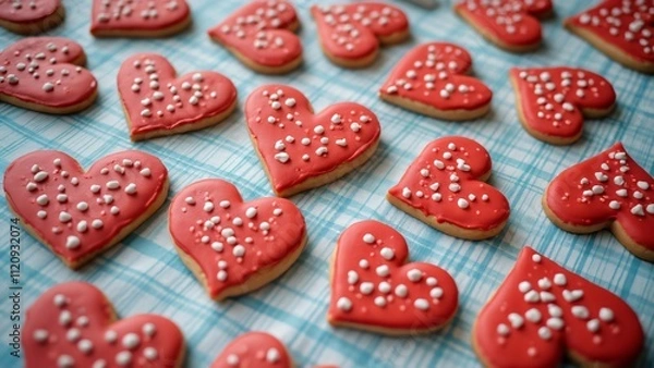 Fototapeta Macro Shot of Red Heart-Shaped Sugar Cookies on Blue Tablecloth