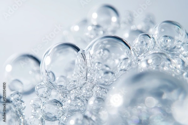Fototapeta A close-up view of clear transparent bubbles clustered together on a smooth glossy surface