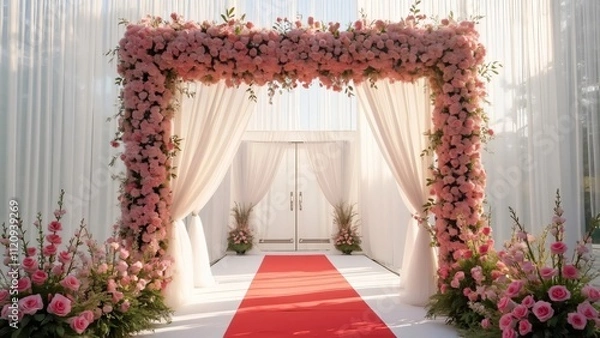 Fototapeta Elegant Pink Rose Wedding Arch with Red Carpet Entrance