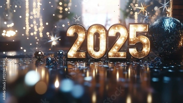 Fototapeta Glamorous metallic 2025 celebration setup with sparkling elements festive atmosphere close-up view