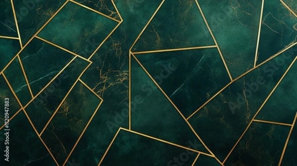 Fototapeta Luxurious emerald green background with gold geometric patterns - abstract digital art