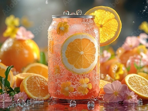 Obraz A vibrant soda can with lemon slices and flowers, surrounded by fresh oranges and citrus, creating a refreshing and colorful scene.