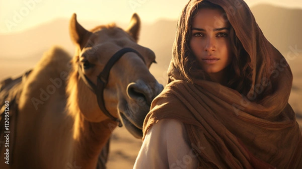 Fototapeta A cinematic poster-style image set in a dramatic, atmospheric scene, featuring a beautiful woman and a camel, with stunning visuals and dynamic lighting.