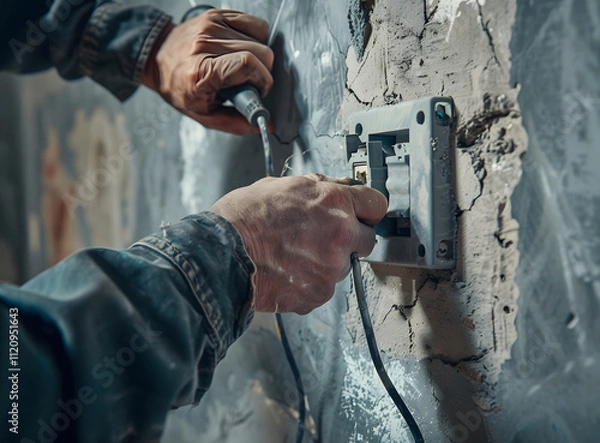 Fototapeta A person using a tool to work on an electrical outlet in a wall during renovation.