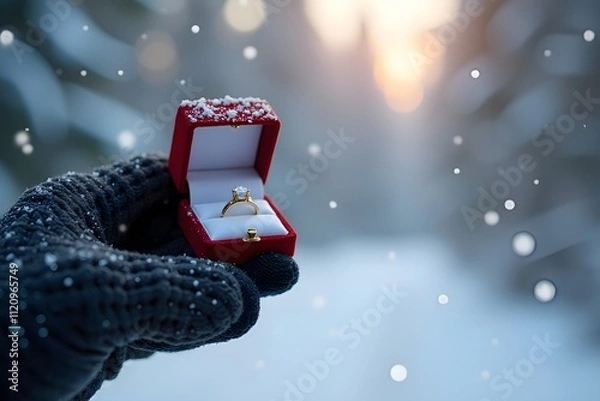 Obraz Winter Proposal Scene with Gloved Hand Holding Red Ring Box in Falling Snow