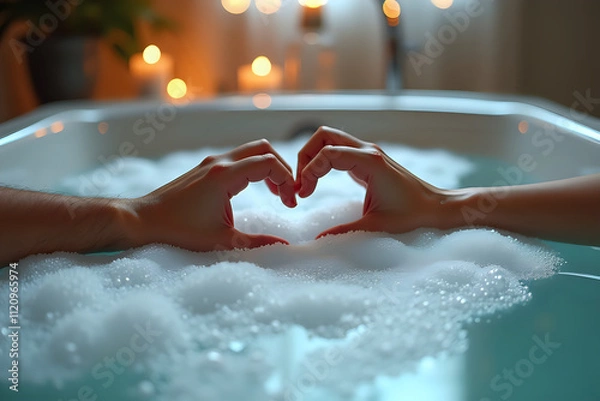 Obraz Romantic Heart-Shaped Hands Above Relaxing Bubble Bath