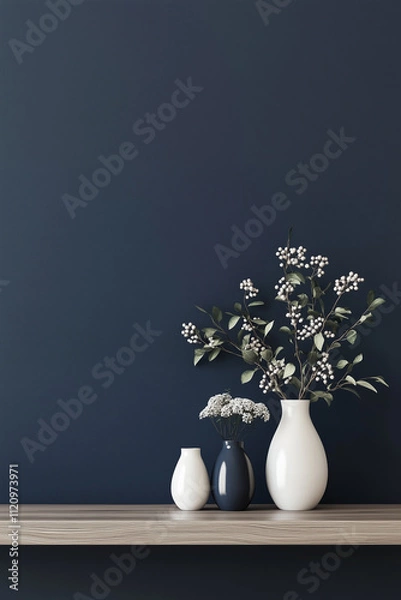 Obraz Minimal Navy Blue Interior, Tiny White Flowers and Branches In White and Navy Blue Vases On Wooden Shelf. Still Life, Ceramic Arrangement for Decoration. Copy Space.