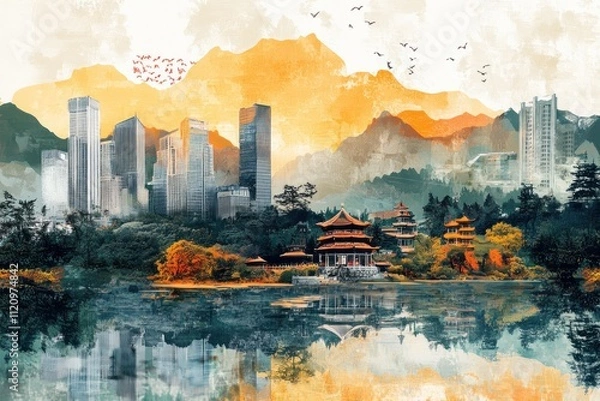 Fototapeta Modern City Skyline Beside Serene Autumnal Lake And Mountains