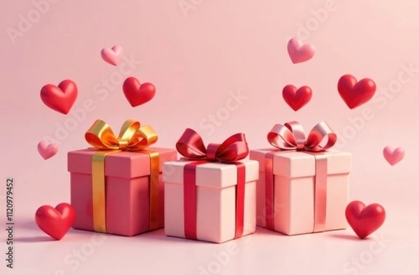 Obraz multicolored, gift boxes in a beautiful festive wrapper, hearts free space for advertising, on a light background, three te