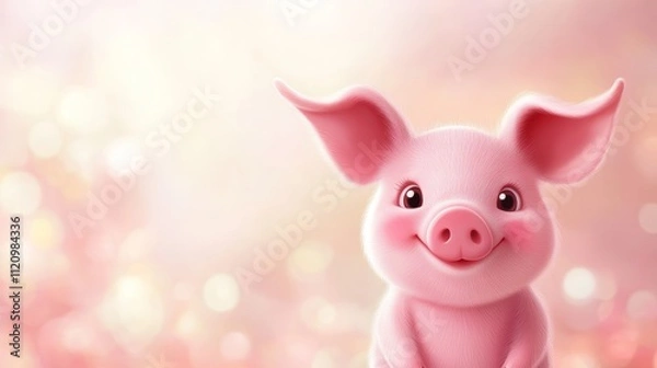 Fototapeta Adorable pink piglet baby with big eye on pink background