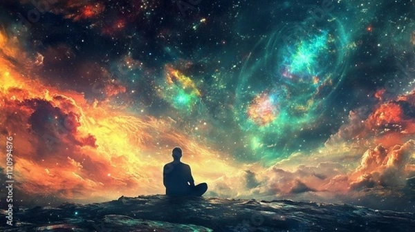 Fototapeta a man sitting on a rock in front of a colorful sky