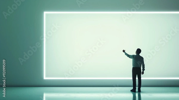 Fototapeta Man presenting on clear digital frame against green wall, interactive display concept.