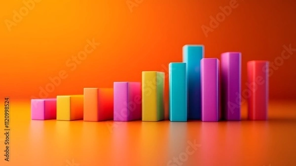 Fototapeta Vibrant Rainbow Bar Graph, Ascending Colorful Blocks on Orange Background, 3D Render, Business Growth Chart, Success, Statistics, Data Visualization, Marketing Concept.