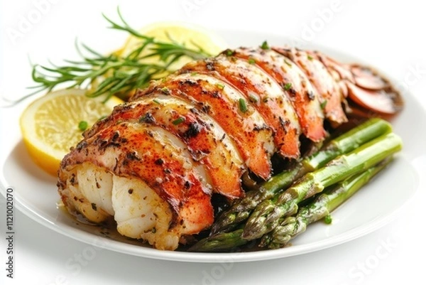 Fototapeta Grilled lobster tail with asparagus and lemon. Perfect for menus, recipe sites, or culinary blogs showcasing delicious seafood.