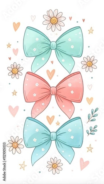 Fototapeta A kawaii-style illustration of a series of abstract, overlapping bow shapes in pastel gradients of mint green, coral pink, and sky blue. The bows are surrounded by simple.