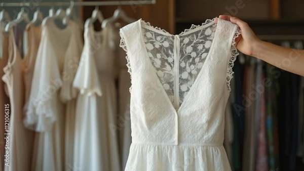 Fototapeta Close-up of Elegant White Lace Women's Dress; Product Photography in a Store Setting. A Hand Gently Holds the Delicate Fabric, Showcasing Intricate Details and Exquisite Craftsmanship.