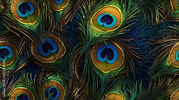 Fototapeta A bold and colorful peacock feather pattern in shades of blue, green, and gold on a plain background, showcasing elegance and vibrancy.