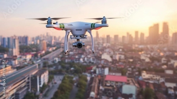 Obraz A drone flying over a cityscape during sunset.