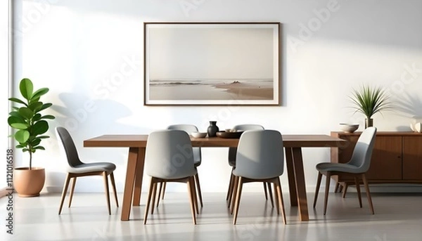 Fototapeta A modern dining room with a wooden table and gray chairs, with minimalist abstract artwork hanging on the wall above