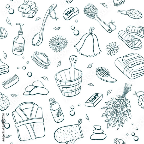 Fototapeta Sauna seamless pattern from sauna accessories sketches. Hand drawn spa items background. Doodle sauna objects isolated on white background. 