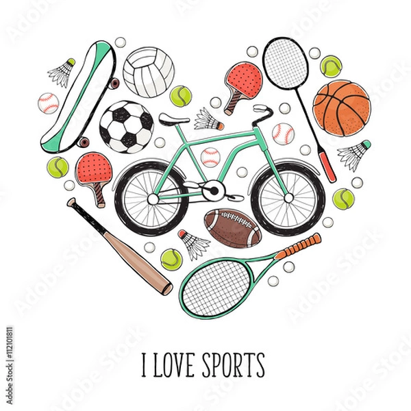 Fototapeta Collection of vector sport equipment. I love sports illustration. Hand drawn sport balls, rackets, bycicle isolated on white background.