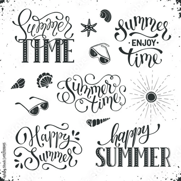 Fototapeta Happy summer lettering design. Enjoy summer greeting card template. Summer time wording collection isolated on white background.