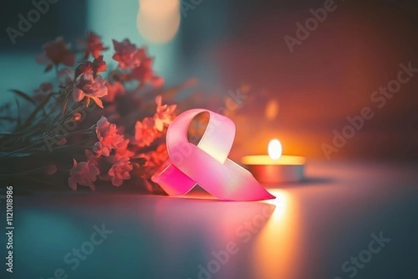 Obraz A pink ribbon beside flowers and a candle, symbolizing support and awareness.