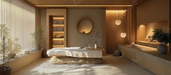 Obraz Serene spa room with massage table, natural light, and minimalist design.