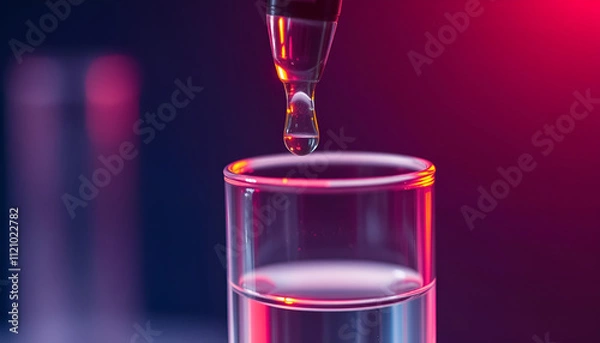 Obraz A macro shot of a pipette dropping a clear liquid into a test tube, with vibrant lighting that highlights surface tension and transparency.