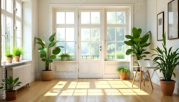 Fototapeta Bright and airy room with wooden floors, large windows, and potted plants
