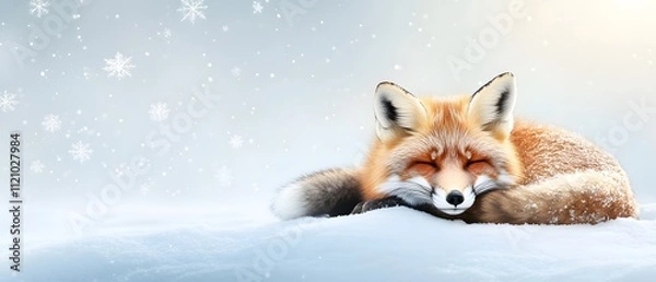 Fototapeta Red fox curled up in a snowy clearing winter wonderland wildlife photography serene environment close-up view cozy concept