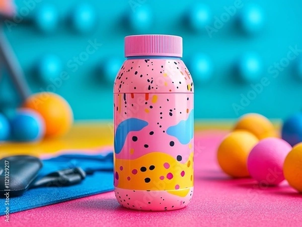 Fototapeta A vibrant, colorful water bottle stands out against a lively backdrop of playful shapes and textures, creating a cheerful and energetic atmosphere.