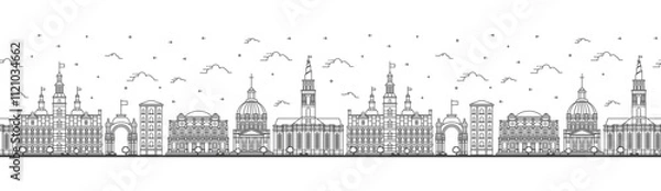 Fototapeta Seamless pattern with Outline Copenhagen Denmark City Skyline with Historic Buildings Isolated on White. Copenhagen Cityscape with Landmarks.
