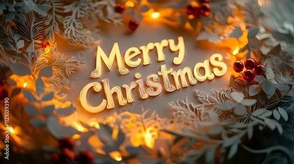 Fototapeta A delicate kirigami "Merry Christmas" lettering encircled by a handcrafted paper wreath, featuring detailed cuts of leaves, berries, and ribbons, surrounded by softly glowing light, with a neutral,