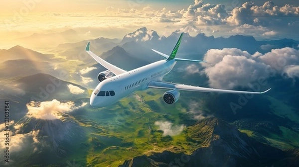Obraz An airplane with innovative clean energy technology flying over a vibrant green landscape, symbolizing sustainable global travel
