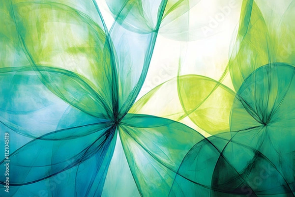 Obraz Abstract artwork featuring translucent teal and green floral forms, creating a serene and calming atmosphere. Ideal for home decor, websites, or design projects.