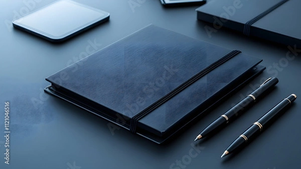 Fototapeta A sleek black notebook and pens on a minimalist desk, accompanied by a smartphone and a tablet, creating a modern workspace aesthetic