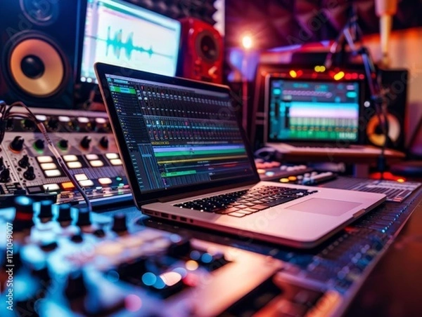 Obraz Music Production Studio with Laptop and Mixing Console