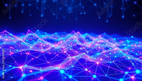 Fototapeta Digital world concept with 3D holographic networks and vibrant color schemes of blue and purple.