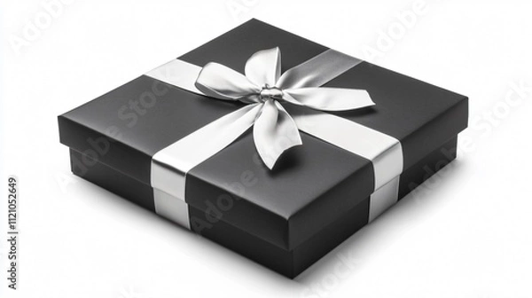 Fototapeta A sleek black gift box with a matte finish, tied with a silver satin ribbon, isolated on a white background