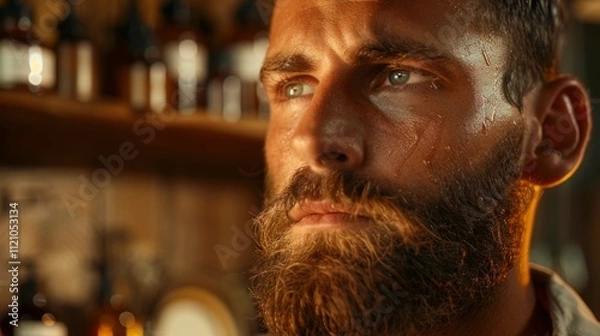 Fototapeta Portrait closeup young bearded man with sweat face, expression and emotion, eyes and facial, one person, facial masculintity and skin wrinkled.