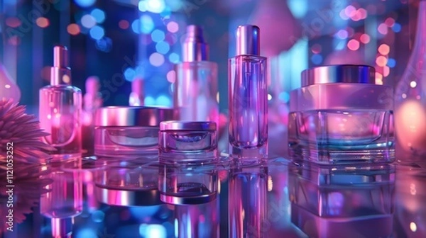Fototapeta A collection of futuristic skincare products displayed with neon lighting and reflective surfaces, cosmetic packaging for rejuvenation for dermatology of feminine, lotion or cream.