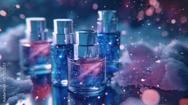 Fototapeta A collection of futuristic skincare products displayed with neon lighting and reflective surfaces, cosmetic packaging for rejuvenation for dermatology of feminine, lotion or cream.