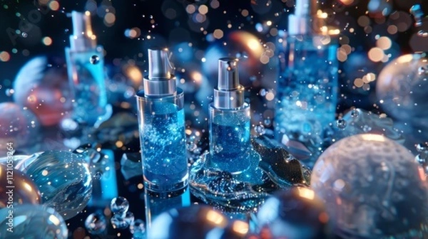 Fototapeta A collection of futuristic skincare products displayed with neon lighting and reflective surfaces, cosmetic packaging for rejuvenation for dermatology of feminine, lotion or cream.