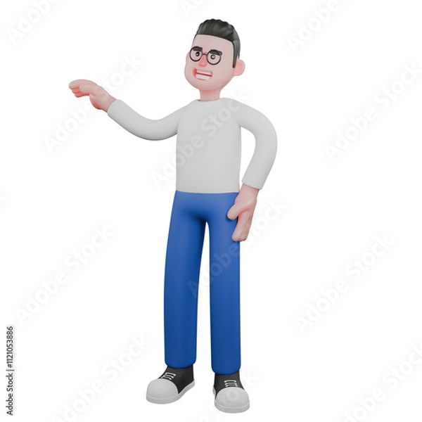 Fototapeta Cartoon Character 3D Model Video Editor Design. A male video editor stands with his right hand extended to the side and his left hand on his waist, embracing expression. Design Character.