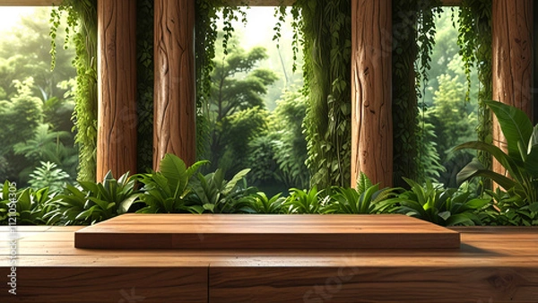 Obraz Nature Inspired Wooden Table Amidst Lush Greenery Presents Product Placement Podium Through 3d Rendering Background