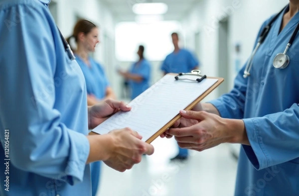 Fototapeta Two medical staff members exchange a clipboard while discussing patient information in a hospital environment