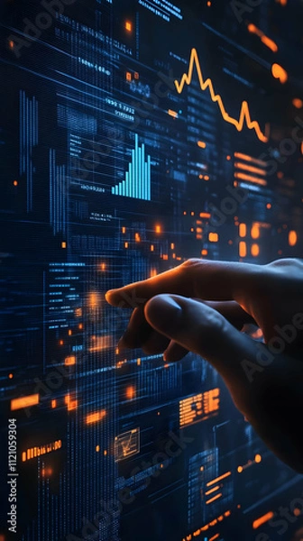 Obraz A hand interacts with a digital interface displaying data and analytics.
