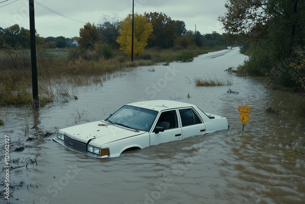 Fototapeta A stranded car surrounded by floodwater on a rainy day with ample copy space. 