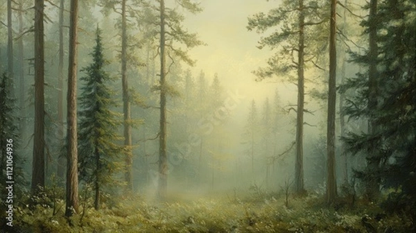 Obraz Misty forest scene with tall pine and fir trees, sunlight filtering through the canopy.